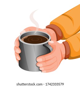 Hand holding hot chocolate or coffee in stainless steel mug, hot drink for stay warm in cold weather or camping activity. concept illustration in cartoon style vector isolated in white background
