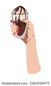 Hand holding hot coffee beverage with milk foam and chocolate. Espresso, cup of americano, cappuccino and latte in glasses. Flat cartoon illustration isolated on white background