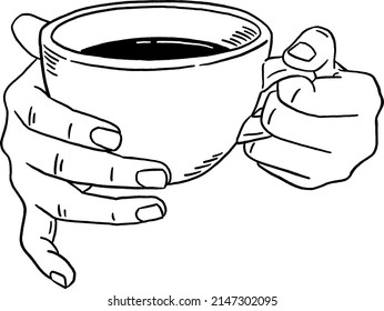 Hand holding Hot Coffee Cafe menu Hand drawn line art illustration