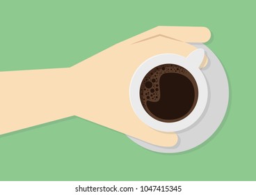 Hand holding hot coffee cup on plate, person drinks coffee, break morning time banner concept, flat cartoon design vector illustration isolated on green background