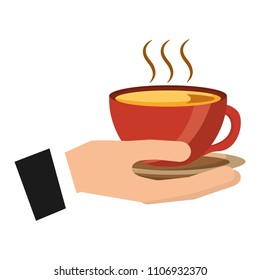 hand holding hot coffee cup on dish