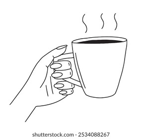 Hand holding hot coffee cup vector hand drawn sketch