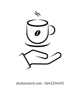 Hand Holding Hot Coffee Cup Line Art Icon. A minimalist black and white line art icon depicting a hand offering or holding a steaming hot coffee cup.