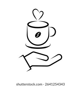 Hand Holding Hot Coffee Cup Line Art Icon. A minimalist black and white line art icon depicting a hand offering or holding a steaming hot coffee cup. vector illustration.