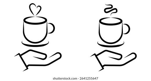 Hand Holding Hot Coffee Cup Line Art Icon set. A minimalist black and white line art icon depicting a hand offering or holding a steaming hot coffee cup. vector illustration.