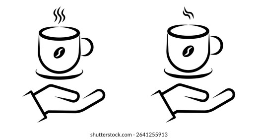 Hand Holding Hot Coffee Cup Line Art Icon set. A minimalist black and white line art icon depicting a hand offering or holding a steaming hot coffee cup.