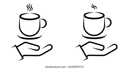 Hand Holding Hot Coffee Cup Line Art Icon set. A minimalist black and white line art icon depicting a hand offering or holding a steaming hot coffee cup.