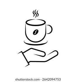 Hand Holding Hot Coffee Cup Line Art Icon. A minimalist black and white line art icon depicting a hand offering or holding a steaming hot coffee cup. vector illustration.