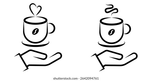 Hand Holding Hot Coffee Cup Line Art Icon set. A minimalist black and white line art icon depicting a hand offering or holding a steaming hot coffee cup. vector illustration.