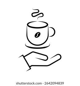 Hand Holding Hot Coffee Cup Line Art Icon. A minimalist black and white line art icon depicting a hand offering or holding a steaming hot coffee cup.