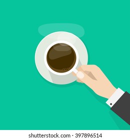 Hand Holding Hot Coffee Cup With Steam On Plate, Business Person Want To Drink Coffee, Break Morning Time Banner Concept, Elegant Flat Cartoon Design Vector Illustration Isolated On Green Background 