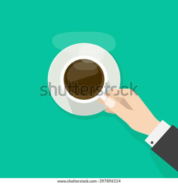 熱いコーヒーカップと蒸気を持つ手 ビジネスマンはコーヒーを飲みたい 朝の時間のバナーコンセプト 緑の背景に優美な平らな漫画デザインベクターイラスト のベクター画像素材 ロイヤリティフリー