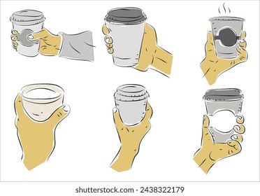 Hand holding  of hot coffee. Hand drawn style