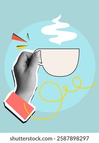 Hand holding a hot cup of tea or coffee with a steam. Modern collage style. Vector illustration