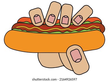 Hand Holding Hot Dog, Isolated On White Background In Cartoon Style In Vector Graphic