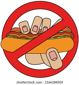 Hand Holding Hot Dog, Prohibition Sign Isolated On White Background In Cartoon Style In Vector Graphic