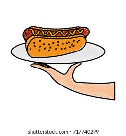 hand holding hot dog sausage in plate and mustard dinner fast food