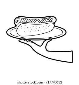 hand holding hot dog sausage in plate and mustard dinner fast food