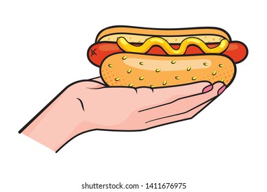 hand holding hot dog vector illustration