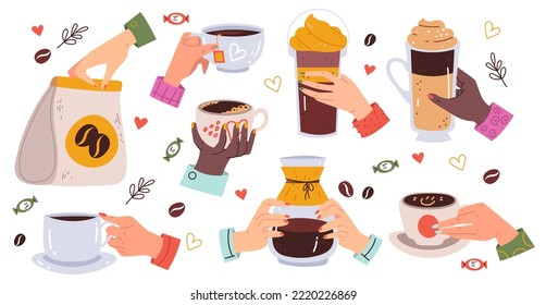 Hand holding hot drink cup. Coffee tea drink mug abstract concept set. Vector graphic design illustration element
