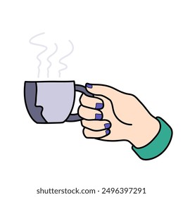 hand holding hot drink cup hand drawn color vector illustration