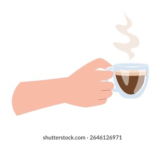 Mão segurando café expresso quente. Elemento de design do ritual da manhã com bebida de café rica e aromática na xícara transparente. Desenho de ilustração de vetor de estilo plano para café, banner, cartaz, impressão