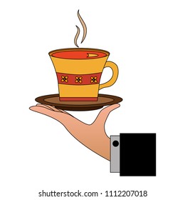 hand holding hot tea cup decoration flowers