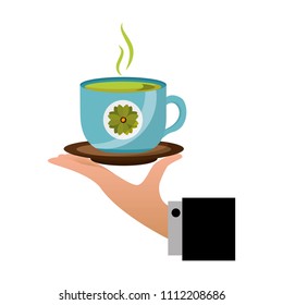 hand holding hot tea cup decoration flowers