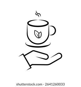 Hand Holding Hot Tea Cup Line Art Icon with Steam and Leaf. A minimalist black and white line art icon depicting a hand offering or holding a steaming hot beverage cup. vector illustration.