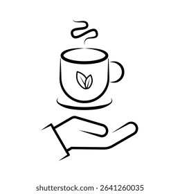 Hand Holding Hot Tea Cup Line Art Icon with Steam and Leaf. A minimalist black and white line art icon depicting a hand offering or holding a steaming hot beverage cup.