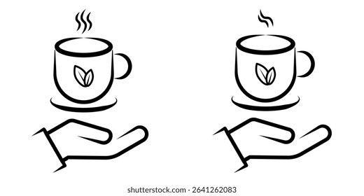 Hand Holding Hot Tea Cup Line Art Icon set with Steam and Leaf. A minimalist black and white line art icon depicting a hand offering or holding a steaming hot beverage cup.