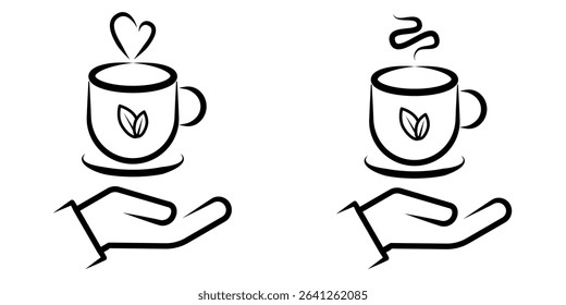 Hand Holding Hot Tea Cup Line Art Icon set with Steam and Leaf. A minimalist black and white line art icon depicting a hand offering or holding a steaming hot beverage cup. vector illustration.