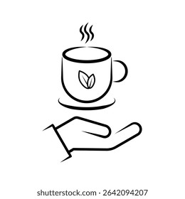 Hand Holding Hot Tea Cup Line Art Icon with Steam and Leaf. A minimalist black and white line art icon depicting a hand offering or holding a steaming hot beverage cup. vector illustration.