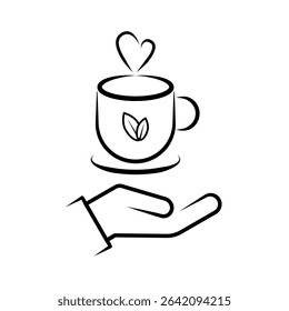 Hand Holding Hot Tea Cup Line Art Icon with Steam and Leaf. A minimalist black and white line art icon depicting a hand offering or holding a steaming hot beverage cup.