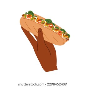 Hand holding hot-dog. American street fast food. Takeaway snack with long buns, wiener sausage, vegetables, sauces. Tasty fastfood. Flat graphic vector illustration isolated on white background