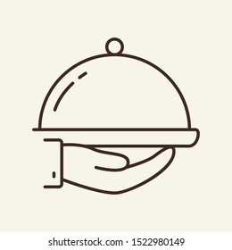Hand holding hotplate line icon. Waiter, cover, serving. Restaurant business concept. Vector illustration can be used for topics like business, catering trade, cuisine