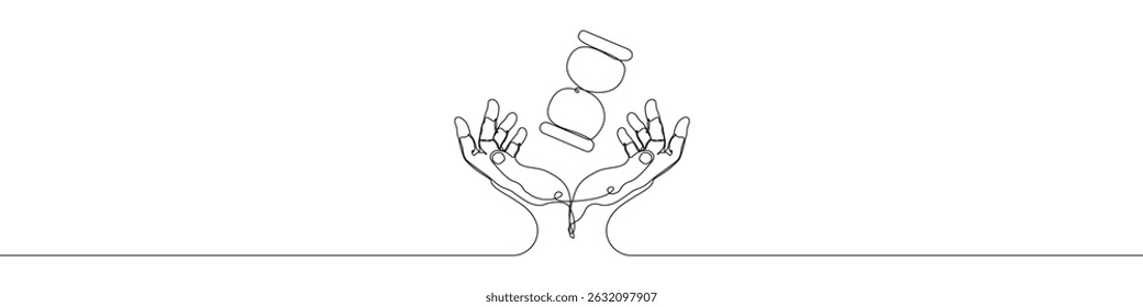 Hand holding hourglass icon line continuous drawing vector. One line Time hand icon vector background. hourglass with hands icon. Continuous outline of a Hands of hourglass icon.