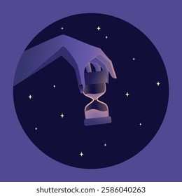 Hand holding an hourglass on the background of night sky