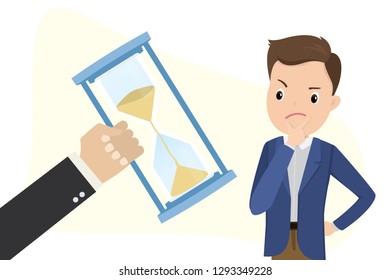 Hand holding hourglass and sad businessman, business deadline concept, time management, flat vector illustration