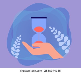 Hand holding hourglass with sand flowing down. Person counting time with sandglass flat vector illustration. Countdown, deadline, patience concept for banner, website design or landing web page