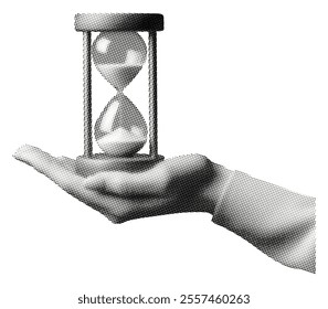 hand holding hourglass with sand isolated on white background retro halftone grunge dotted cut-out collage element for mixed media design countdown deadline magazine newspaper object