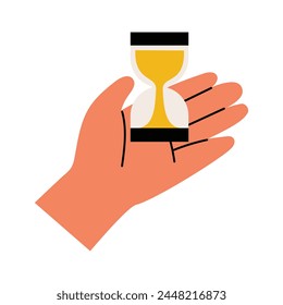 Hand holding hourglass, simple flat hand drawn design, concept of time, deadline, countdown or term. Isolated vector illustration