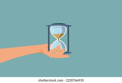 
Hand, die eine Hourglass-Vektorgrafik hält. Person mit Sandglas, die die Minuten für die Projektzeit zählt
