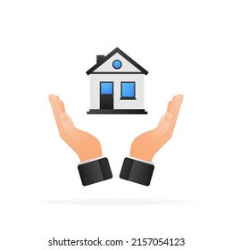 Hand holding house building. 3d vector illustration. Flat digital vector illustration
