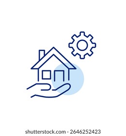 Casa de mão e roda dentada. Controle doméstico inteligente, configurações automatizadas de ambiente, gerenciamento inteligente de tecnologia, otimização de sistema doméstico, configuração de dispositivo remoto. Pixel perfeito, s editável