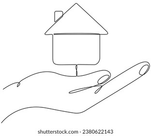 Línea continua de la casa de mano dibujada. Concepto de protección inmobiliaria. Ilustración vectorial aislada en blanco.
