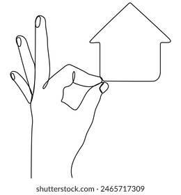 Hand holding house continuous line drawn. Real estate protection concept. Home symbol. Vector illustration isolated on white.