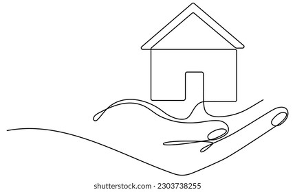 Hand holding house continuous one line drawn. Vector illustration isolated on white.