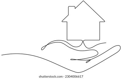Hand holding house continuous one line drawn. Vector illustration isolated on white.