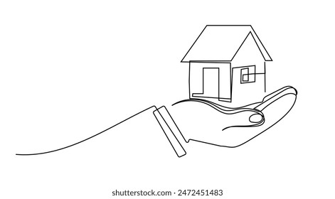 Hand holding house continuous one line drawn. Vector illustration isolated on white.
